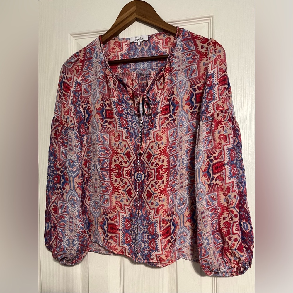 100% Silk! PARKER Red & Blue Paisley Women's Blouse. $290 MSRP. Size Small